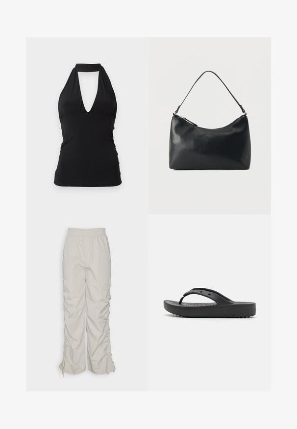 Haut noir à col halter avec un profond décolleté en V et une taille cintrée, sans manches, présenté sur un fond clair uni.; Even&Odd Pantalon classique - light grey; Sandales tongs noires en caoutchouc avec un fond texturé, des brides fines et une semelle rembourrée dotée de petits points surélevés pour une meilleure adhérence.; Sac bandoulière en cuir noir texturé avec fermeture éclair incurvée en haut et une seule sangle ajustable sur fond uni.