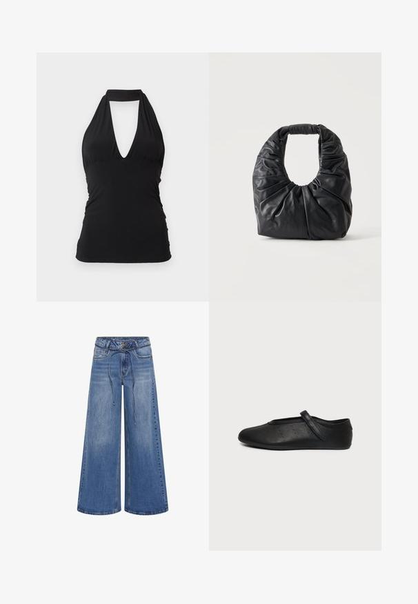Zwarte haltertop met diepe V-hals en aansluitende taille, mouwloos ontwerp, weergegeven op een effen lichte achtergrond.; My Essential Wardrobe MWKARO 144 MID XWIDE - Wide leg - medium blue wash; Zwarte leren Mary Jane platte schoen met een enkele band en kleine geperforeerde stippen aan de zijkant, getoond op een effen lichtgrijze achtergrond.; Zwarte zachte leren schoudertas met samengeplooide plooien en afgeronde handgreep, rechtopstaand op een effen lichte achtergrond.