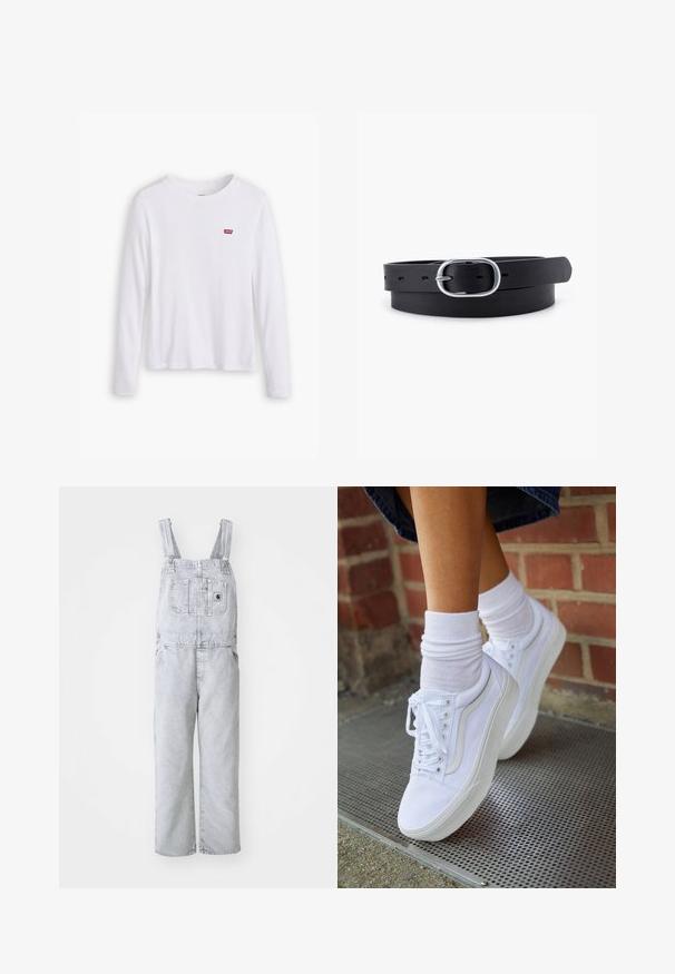 Witte lange mouwen shirt van zachte katoen. Bevat een klein rood Levi's logo op de linkerborst. Klassiek ronde hals ontwerp.; Grijze denim overall met verstelbare schouderbanden, een voorvak en zijvakken; losse, rechte pasvorm; vervaagde wassing met minimale textuur.; Witte canvas sneakers met rubberen zolen, voorzien van zes vetertjes, een ronde neus en lichte stikdetails, gecombineerd met witte enkelsokken.; Zwarte leren riem met een gladde textuur, ovaal zilveren metalen gespsluiting en meerdere verstelgaten langs de band. Platte, minimalistische uitstraling.
