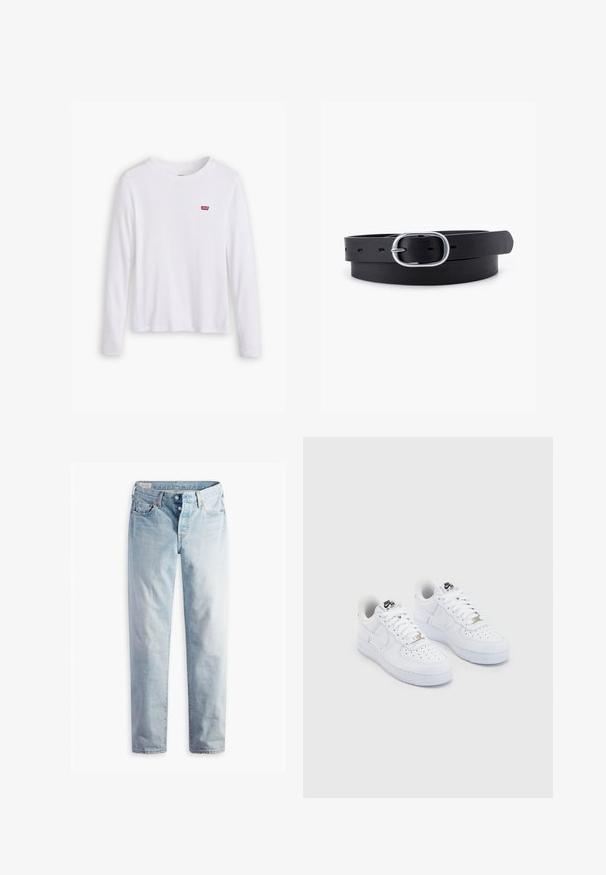 Weißes Langarmhemd aus weicher Baumwolle. Mit kleinem rotem Levi's-Logo auf der linken Brust. Klassisches Rundhals-Design.; Hellblaue Jeans aus Denim mit geradem Bein, fünf Taschen und Metallknöpfen am Standardbund.; Weiße Nike Air Force 1 Sneaker mit einem geschmeidigen Obermaterial aus Leder, perforierter Zehenbox, weißen Schnürsenkeln und schwarzem Branding auf der Zunge.; Schwarzer Leder Gürtel mit glatter Textur, ovaler silberner Metallschnalle und mehreren Einstelllöchern entlang des Riemens. Flaches, minimalistisches Design.