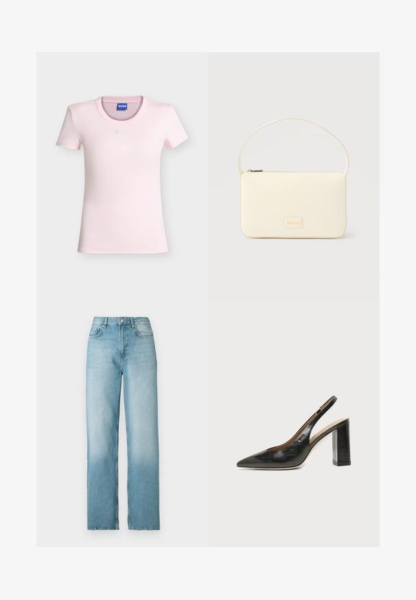 Camiseta de punto acanalado de color rosa claro, de manga corta y cuello redondo, con un pequeño detalle rectangular debajo del escote y una etiqueta azul "HUGO" en el interior del cuello.; Vaqueros de mezclilla azul claro de tiro alto y pierna recta con botón y cremallera delanteros, bolsillos delanteros y traseros, exhibidos sobre un fondo blanco.; Zapato slingback de piel negra con puntera puntiaguda, tacón alto y ancho, y forro interior beige sobre un fondo claro y liso.; Bolso rectangular color crema con una sola correa y cremallera superior, con una pequeña placa de logotipo en relieve en el frente.