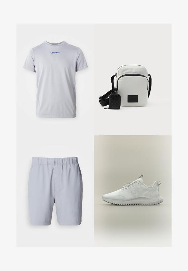 Lichtgrijs T-shirt met korte mouwen, gemaakt van een gestructureerde stof, met een blauwe "Calvin Klein" logo over de borst. Ronde halslijn, regular fit.; Lichtgrijze zwembroek met een elastische tailleband, twee zijzakken en een gladde, lichte stof. Geen zichtbare patronen of versieringen.; Witte lage sportschoen met een textuure zool, veters aan de voorkant en "cK"-logo op de zijkant, in profiel getoond op een neutrale achtergrond.; Kleine witte schoudertas met zwarte verstelbare schouderriem, voorkant met ritsvak en een bevestigde kleine zwarte pouch met logo patroon.