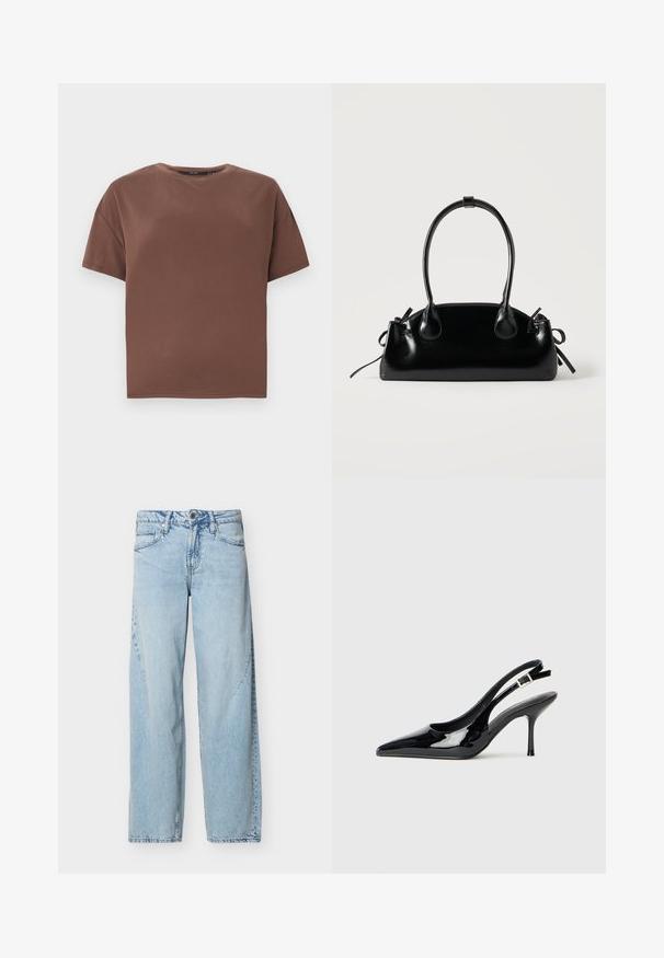 Braunes T-Shirt mit kurzen Ärmeln und Rundhalsausschnitt, lockerem Schnitt, schlichtem Design und ohne sichtbare Logos oder Muster vor einem einfarbigen weißen Hintergrund.; Hellblaue Straight-Leg-Jeans aus Denim mit Vordertaschen, Gürtelschlaufen und Knopfverschluss auf einem schlichten weißen Hintergrund.; Schwarze Lackleder Slingback-Pumps mit einer spitzen Zehe und schlankem Absatz. Mit einem verstellbaren Schnallenriemen hinten. Glatte Textur.; Kleine schwarze glänzende Handtasche mit zwei langen Griffen und seitlichen Kordelzug-Details vor einfachem hellem Hintergrund.
