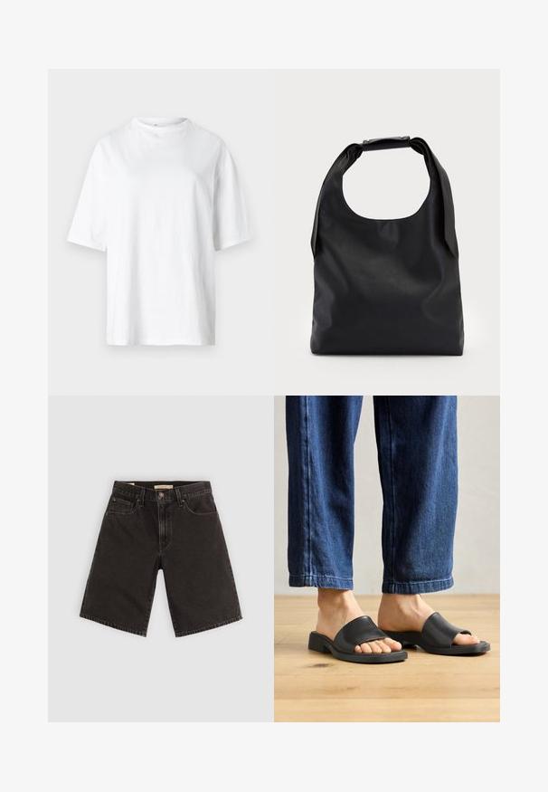 Hvid bomulds t-shirt med rund halsudskæring, korte ærmer og en løs pasform. Stoffet ser glat og let ud.; Sort denim shorts med lige snit, fem lommer og metaldele, med en tekstureret stof og et standard taljebånd.; Sorte slip-on sandaler lavet af glat materiale, med åben tå og en bred toprem, sat mod mørk denim bukser med lige pasform.; Sort læderhåndtaske med en stor åben top og en enkelt skulderrem. Blød tekstur, minimalistisk design, indeholder diskrete metalaccenter.