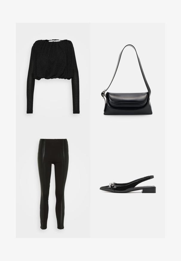 Sort cropped langærmet top lavet af tekstureret stof med en samlet halsudskæring og subtil glans. Rynkede detaljer fortil.; Sorte leggings med høj talje, der har blanke sidestrimler og skarpe sømdetaljer. Tøjet er strækbart med en glat tekstur.; Sort laklæderslingback sko med spids tå, lav blokhæl og sølvfarvet metal detalje foran.; Sort læderhåndvask med en struktureret form, en glat overflade og en enkelt skulderrem. Har et subtilt, rundet klapdesign.