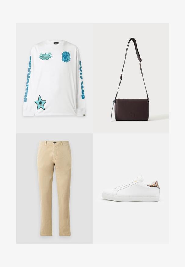 Hvid langærmet skjorte med blå "Billionaire Boys Club" tekst på ærmerne, en blå astronaut-hjelm grafik og en blå stjerne med dollartegn på fronten.; Beige bomulds chinos med lige ben, der har en front knaplukning og diskrete syninger. Glat tekstur og uden mønstre.; Hvide lædersneakers med en glat overflade, prydet med en farverig stribet detalje på hælen, guldøje og flad hvid sål.; Mørkebrun textured læder crossbody taske med justerbar rem og lille dekorativ blå accent på siden.