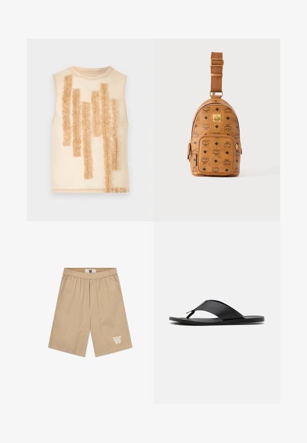 Haut beige sans manches avec un col rond, présentant des rayures verticales en franges texturées dans une teinte légèrement plus foncée à l'avant.; Shorts beiges en tissu léger avec une taille élastique, des poches latérales et un accent logo blanc sur la jambe inférieure gauche.; Stuart Weitzman BASTIAN - Sandales tongs - black; Petit sac bandoulière en cuir beige avec bandoulière réglable, poche zippée à l'avant et motif répété du logo noir MCM.