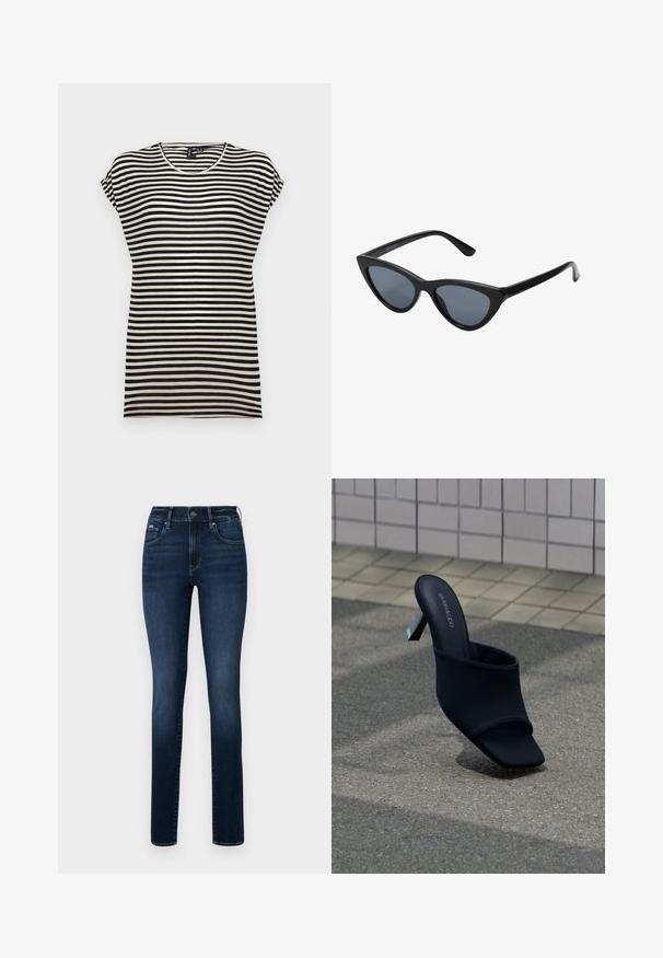 Zwart-witte gestreepte t-shirt met korte mouwen, voorzien van een ronde halslijn, een ontspannen pasvorm en een zachte katoenen textuur.; Donkerblauwe denim jeans met een rechte pijp, vijf zakken en een knoopsluiting op de tailleband.; Zwarte open teen mule met blokhak en vierkante neus, met merk "EVEN&ODD," geplaatst op grijze stoep vlakbij een betegelde muur.; Zwarte cat-eye zonnebril met donkergrijze lenzen, slank plastic frame, puntige hoeken en rechte pootjes. Geen zichtbare hardware of accenten.