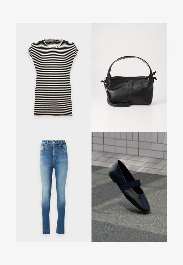 T-shirt à manches courtes noir et blanc à rayures, avec un col rond, une coupe décontractée et une texture de tissu en coton doux.; Jeans skinny taille haute en denim bleu délavé avec un dégradé subtil. Caractéristiques d'un design classique à cinq poches et fermeture à bouton.; Chaussure plate en cuir noir avec un bout arrondi, dotée d'une douce sangle élastique noire sur le cou-de-pied. Texture lisse et design minimaliste.; Sac à main en cuir noir au design structuré, avec une poignée arrondie et une bandoulière amovible. Présente une texture lisse et un éclat subtil.