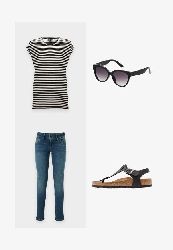 Schwarz-weißer gestreifter Kurzarm-T-Shirt mit Rundhalsausschnitt, lockerer Passform und weichem Baumwollstoff.; Schlanke blaue Jeans aus Denim mit einer ausgewaschenen Optik, zwei Knopfverschluss, fünf Taschen und leicht abgetragenen Details in der Kniegegend.; Birkenstock KAIRO NU REGULAR - Riemensandalette - black; Schwarze Cat-Eye-Sonnenbrille mit grauen Verlaufslinsen. Dicke, glänzende Kunststoffrahmen und sich verjüngende Bügel. Keine sichtbaren Marken oder Verzierungen.