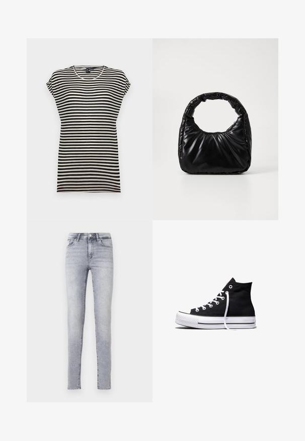Schwarz-weißer gestreifter Kurzarm-T-Shirt mit Rundhalsausschnitt, lockerer Passform und weichem Baumwollstoff.; Hellgraue Skinny-Jeans aus Denim mit hoher Taille, Gürtelschlaufen und klassischem 5-Taschen-Design mit dezenten Verwaschungen.; Schwarzer High-Top-Canvas-Sneaker mit weißer Gummisohle und weißen Schnürsenkeln, seitlich dargestellt vor weißem Hintergrund.; Schwarze gepolsterte Handtasche mit einem runden Griff, die eine glatte, glänzende Oberfläche und eine weiche, gestepfte Textur aufweist. Keine sichtbare Hardware oder Akzente.