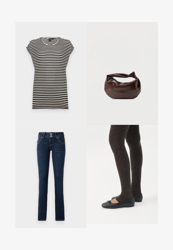 Schwarz-weißer gestreifter Kurzarm-T-Shirt mit Rundhalsausschnitt, lockerer Passform und weichem Baumwollstoff.; Dunkelblaue Skinny-Jeans mit doppelt-knopfverschluss, Fronttaschen und gelben Nähten auf einem weißen Hintergrund.; Beine in dunklen, gerippten Leggings kombiniert mit schwarzen Ballerinas mit kleinen Schleifendetails auf weißem Hintergrund.; Dunkelbraune Lederschultertasche mit weicher, lockerer Form und einem gedrehten Knotengriff vor schlichtem weißem Hintergrund.