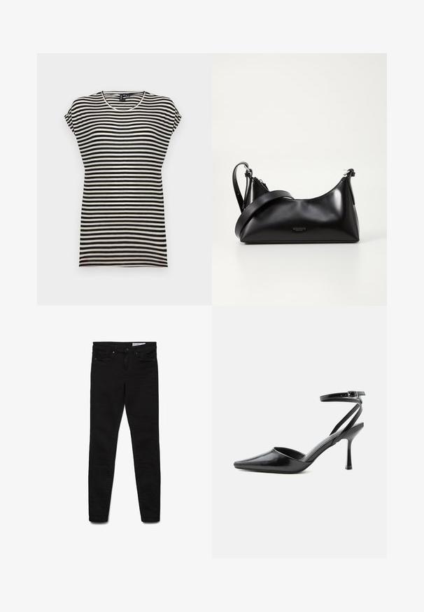 Sort-hvid stribet kortærmet t-shirt med rund halsudskæring, afslappet pasform og blødt bomuldsstof.; Sorte skinny jeans lavet af denimstof, med klassisk design med fem lommer, lynlås og diskrete syningsdetaljer.; Sort spids højhælet sko med tynde ankelremme og sølvspænde på en ensfarvet lys baggrund.; Sort læderhåndtaske med en glat tekstur. Har en justerbar stropp og et enkelt, minimalistisk design med lynlås.