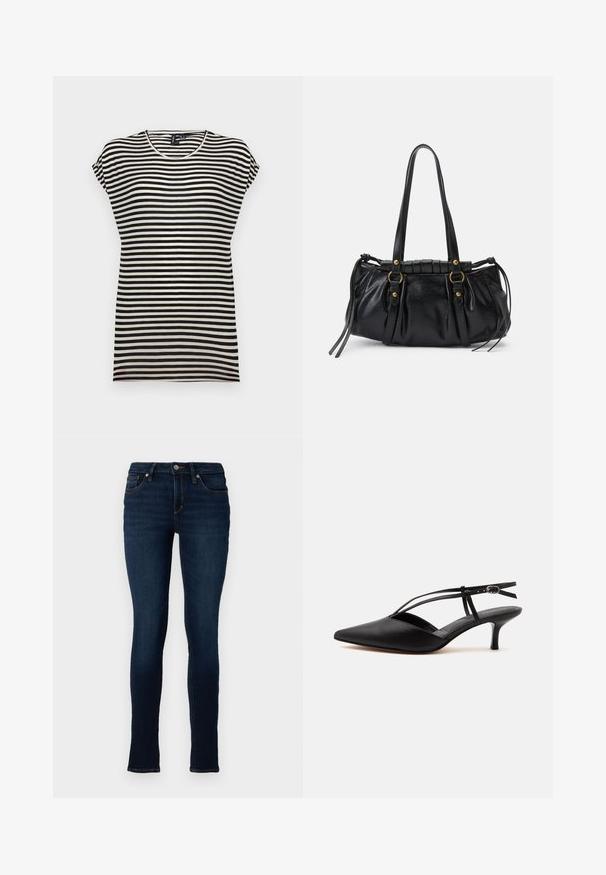 Zwart-witte gestreepte t-shirt met korte mouwen, voorzien van een ronde halslijn, een ontspannen pasvorm en een zachte katoenen textuur.; TOM TAILOR DENIM TTJONA SKINNY FIT - Jeans Skinny Fit - used dark stone blue denim; Zwarte leren pumps met spits toelopende neus, kittenheel met dunne enkelriem en gesp, slingback ontwerp, op een effen lichte achtergrond.; Zwarte leren handtas met een afgeronde vorm, dubbele handvatten, decoratieve hardware accenten en details met zijstrikken. Smooth, glanzende textuur.