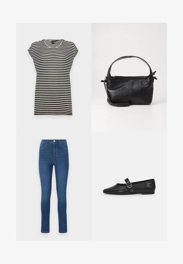 Sort-hvid stribet kortærmet t-shirt med rund halsudskæring, afslappet pasform og blødt bomuldsstof.; Slanke jeans lavet af mørkeblå denim med høj talje, fem lommer og subtile syninger. Stoffet ser glat ud og er let strækbart.; Sorte læder flade sko med rund tå, et enkelt justerbart spænde og en glat, blank overflade. Minimalistisk design med en lav hæl.; Sort læderhåndtaske med et struktureret design, rund tophåndtag og aftagelig skulderrem. Den har en glat tekstur og en subtil glans.