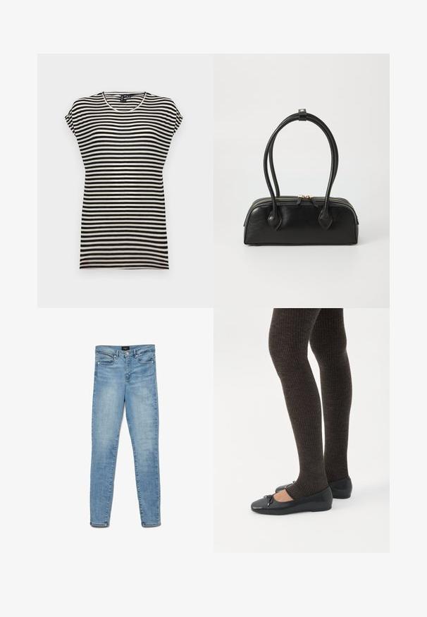 Sort-hvid stribet kortærmet t-shirt med rund halsudskæring, afslappet pasform og blødt bomuldsstof.; Lyseblå, udtværrede skinny jeans med frontknap og fem-lomme-design, ladt fladt på hvid baggrund.; Ben iført mørke ribbede leggings kombineret med sorte balletsko med små sløjfedetaljer på hvid baggrund.; Sort læder håndtaske med to langstrakte håndtag, lynlåslukning og afrundet form; glat tekstur med en subtil blank finish.