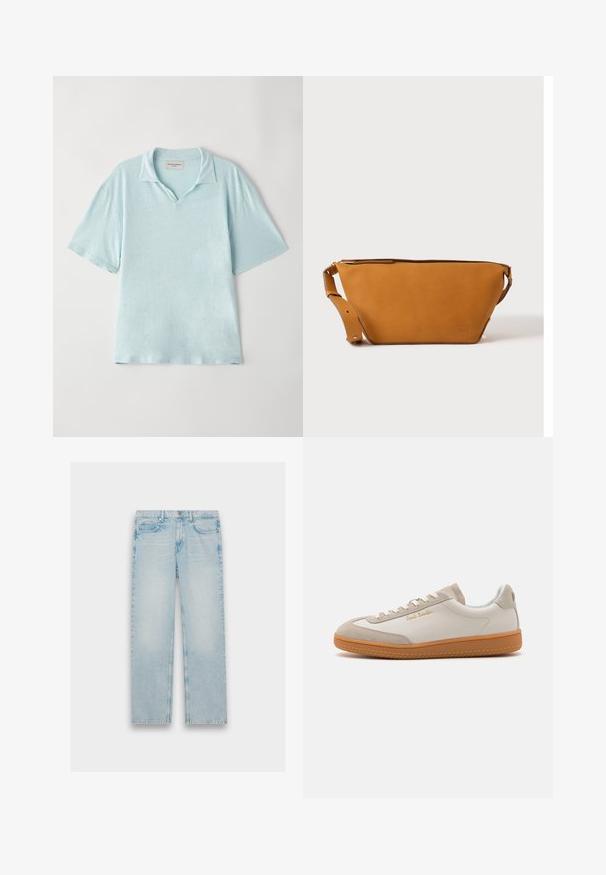 Hellblaues, kurzärmliges Poloshirt mit Kragen und einem lässigen Schnitt. Weicher, strukturierter Stoff mit einem subtilen Melange-Muster.; Hellblaue Jeans aus Denim mit geradem Bein, fünf Taschen und einem verwaschenen Finish. Metallbeschläge und gestickte Details sind sichtbar.; Weiße und beigefarbene Low-Top-Sneaker mit Gummisohle, weißen Schnürsenkeln, Wildleder-Details und goldenem "Paul Smith"-Logo an der Seite.; Hellbraune Leder-Umhängetasche mit verstellbarem Schulterriemen und Reißverschluss, vor einem schlichten hellen Hintergrund gezeigt.
