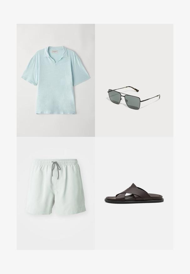 Lys blå, kortærmet polo-shirt med krave og en afslappet pasform. Blødt, tekstureret stof med et subtilt melange-mønster.; Lysgrønne svømmedragter med elastisk talje, justerbar snøre og sidelommer. Glat tekstur, længde over knæet.; Stuart Weitzman BERKLEY - Slip-on sandaler - espresso; Sorte metal solbriller med rektangulære mørkegrå linser. Skildpadde-mønstret tip og næsepuder for komfort. Tyndt rammedesign.
