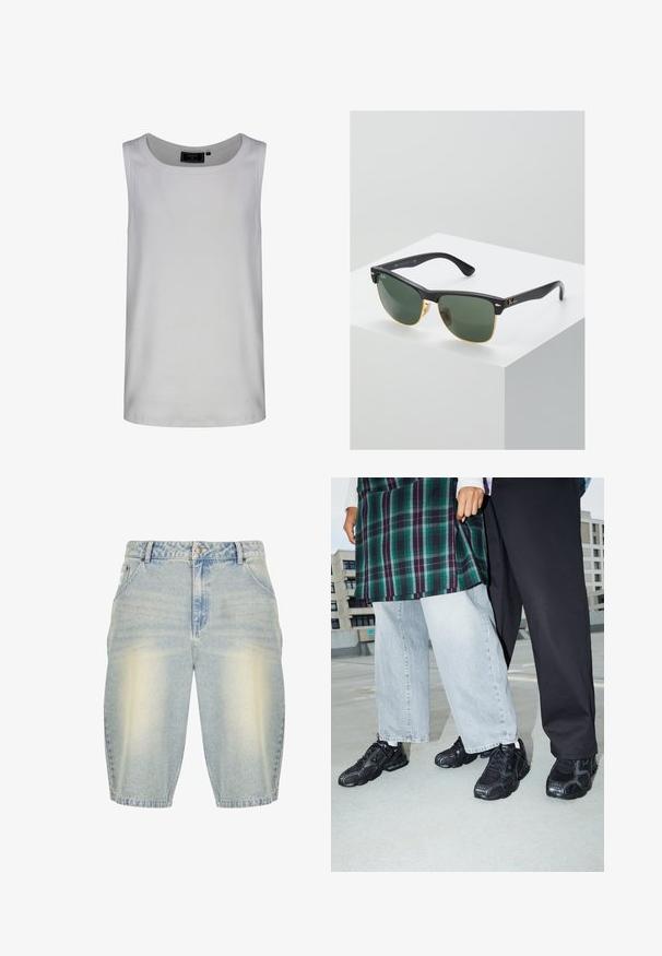 Lihtne valge varrukateta top ümarate kaelusega, keskmise suurusega, tehtud soonikust kangast.; Heledad sinine denim lühikesed püksid pleekinud pesuga, klassikalise viie taskuga disain, vööaasad ja sirge lõige.; Mustad mustad jalanõud, millel on võrkkangast ja kummist aktsendid. Kannab heledat halli laiade jalgadega teksapükse ja ruudulist rohelisest topi. Lame pind taust.; Ray-Ban'i prillid roheliste objektiividega, mustade plastikraamide ja kuldsete aktsentidega servadel. Ruudukujuline kuju mati viimistlusega.