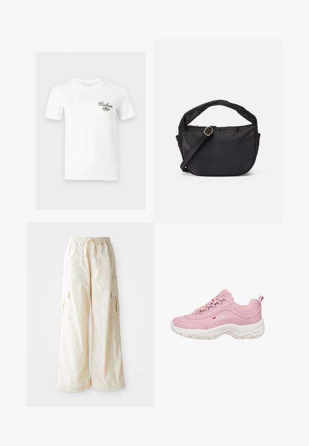 Hvid t-shirt med korte ærmer og rund halsudskæring med lille sort "Carhartt Wip" tekst på venstre bryst.; Bredde cargo bukser i lys beige stof med elastisk talje, snøre lukning og sidelommer. Glat tekstur med minimal detaljer.; Rosa sneakers med en glat syntetisk overdel, hvid gummisål, snøre-design og FILA-logo på siden. Har en pull-tab ved hælen.; Sort stof skuldertaske med et snoet håndtag, en aftagelig rem og en lynlåslukning i toppen. Glat tekstur og minimalistisk design.