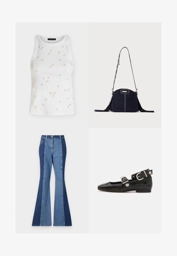 Top blanco sin mangas de canalé decorado con pequeñas aplicaciones florales en color crema y adornos de cuentas dispersos por el frente.; Vaqueros acampanados con un diseño bi-tono en paneles de denim azul oscuro y claro, cierre frontal con botón y estilo clásico de bolsillos.; Zapato plano de charol negro con punta cuadrada, correa de tobillo con herrajes de plata y suela plana. Textura suave con diseño minimalista.; Bolso de mano de ante azul oscuro con costuras blancas, asa recortada, correa de hombro estampada y largas borlas de flecos en ambos lados.