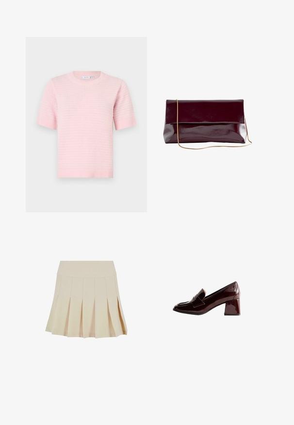 Lyserød strikket top med korte ærmer, rund halsudskæring og ribbet kant. Har et tekstureret mønster over hele stoffet.; Beige plisseret nederdel med en tætsiddende talje, lavet af et glat stof. Har flere lodrette plisser og en lige kant.; Bordeaux patenterede læder loafers med blokhæl, afrundet tå og en dekorativ rem over forsiden. Glat tekstur og poleret finish.; Skinnende mørk bordeaux clutch taske med gyldent kæderem, rektangulær form og en foldet flaplukning.