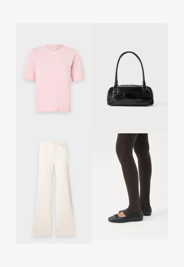 Haut en maille rose clair avec manches courtes, encolure ronde et bordures côtelées. Présente un motif texturé sur tout le tissu.; ONLY Wide-fit ONLMADISON High waist Wide Leg Fit - Wide Leg - ecru; Jambes portant des leggings côtelés foncés associés à des ballerines noires avec de petits détails en nœud sur fond blanc.; Sac à main en cuir noir de forme rectangulaire, doté d'une seule ansse structurée, de quincaillerie argentée et d'une fermeture éclair. Texture lisse.
