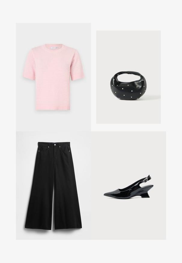 Lyserød strikket top med korte ærmer, rund halsudskæring og ribbet kant. Har et tekstureret mønster over hele stoffet.; Sorte denimbukser med vide ben, højtaljede, fem lommer, forreste knaplukning og en blød, glat tekstur.; Sort laklæder slingback sko med spids tå og lav vinklet blokhæl på ensartet lys baggrund.; Sort læderhåndtaske med en rundet form, dekoreret med sølvnitter, og et kort håndtag. Glat tekstur og lynlåslukning.