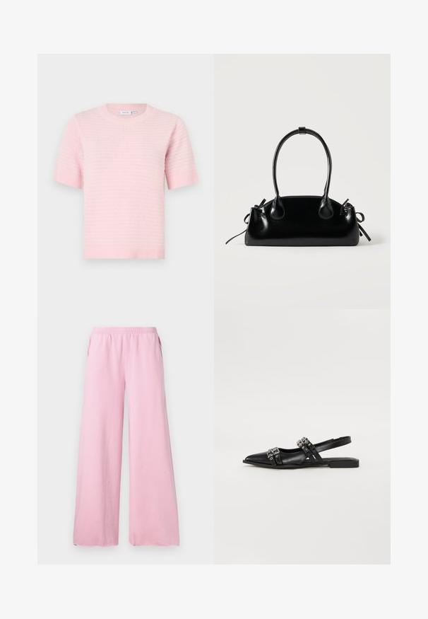 Top rosado claro de punto con mangas cortas, escote redondo y ribete acanalado. Presenta un patrón texturizado en toda la tela.; Pantalones de pierna ancha rosa, hechos de una tela suave, con una cintura elástica y bolsillos laterales. Presenta un corte recto y fluido.; Even&Odd by Zalando Bailarinas con tira trasera - black; Pequeño bolso negro brillante con dos asas largas y detalles de cordón lateral sobre un fondo claro liso.