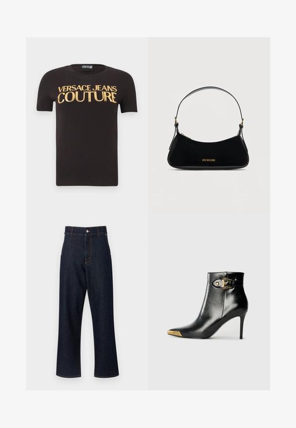 Camiseta negra de manga corta con "Versace Jeans Couture" en grandes letras doradas en el pecho, cuello redondo y etiqueta de tela en el interior.; Vaqueros de mezclilla azul oscuro con cintura alta, diseño de pierna recta, detalles de costura naranja y cierre de botón. No hay bolsillos frontales visibles.; Botín negro hasta el tobillo fabricado en cuero brillante, con punta puntiaguda, tacón de aguja y detalles dorados con una hebilla decorativa.; Bolso de hombro de charol negro con forma curva, logo dorado "LOVE MOSCHINO" en el frente, y correa ajustable con herrajes dorados.