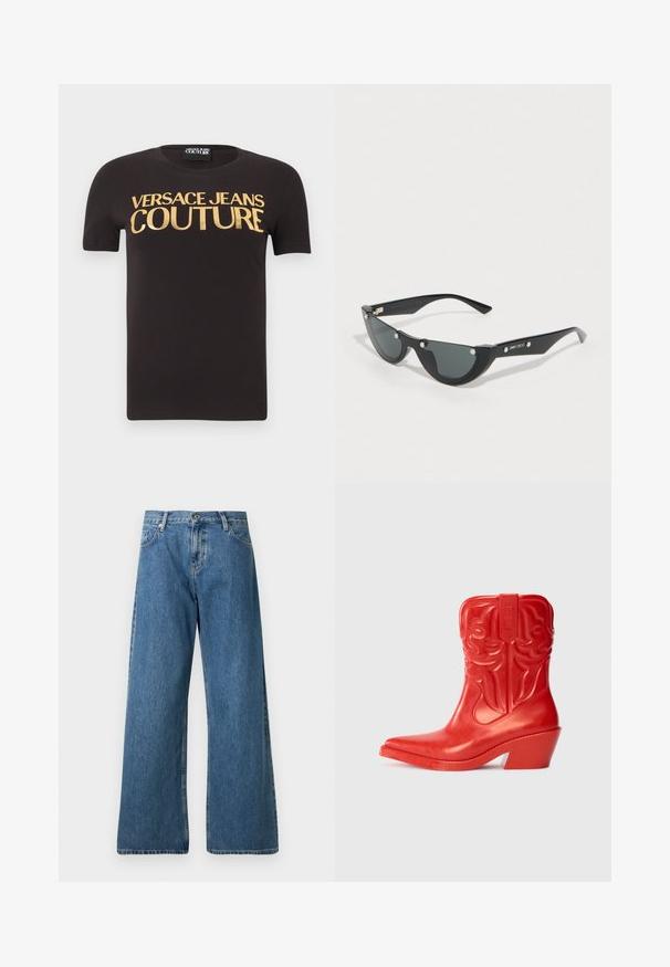 Musta lyhythihainen t-paita, jossa on suuri kullanvärinen "Versace Jeans Couture" -teksti rinnassa, pyöreä pääntie ja sisäinen kangasmerkki.; Leveleihintus farkut keskmises sinises toonis. Valmistatud puuvillast, traditsioonilise viie tasku disainiga ja nööpidega kinnitusega, tooriku servaga.; Punainen cowboy-nilkkuri, jossa on korkea, levenevä korko. Valmistettu kiiltävästä materiaalista, jossa on kohokuvioituja lännen tyylisiä kuvioita varressa. Teräväkärkinen muoto.; Mustat aurinkolasit, joissa on terävä kissankaihin muoto, tummat linssit ja hopeiset yksityiskohdat kehykseen. Ominaisuuksiin kuuluvat kiiltävä pinta ja tyylikäs muotoilu.