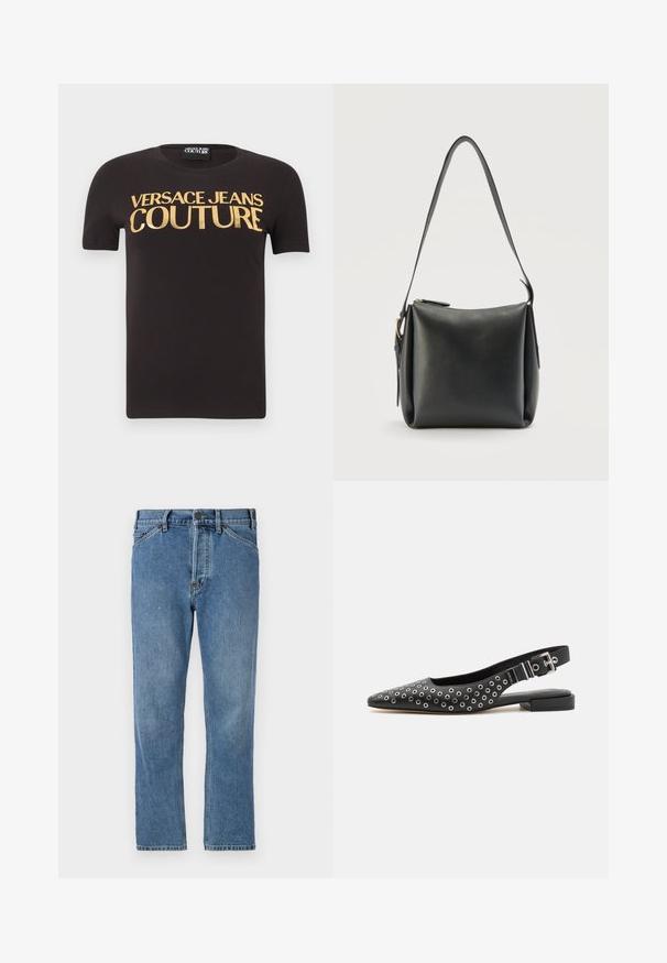 Musta lyhythihainen t-paita, jossa on suuri kullanvärinen "Versace Jeans Couture" -teksti rinnassa, pyöreä pääntie ja sisäinen kangasmerkki.; Vaaleansiniset farkut suoran lahkeen leikkauksella, joissa on vetoketjukiinnitys, viisi taskua ja hienovaraiset ompeluyksityiskohdat. Ei koristeita tai kuvioita.; Mustat tossut, joissa on terävä kärki, koristeltu hopeisilla pyöreillä niiteillä, matala loihempipohja ja säädettävä solkiremmi.; Musta nahkainen käsilaukku, suorakulmainen muoto, yksittäinen olkahihna ja kultainen vetoketjidetaili päällä valkoista taustaa vasten.