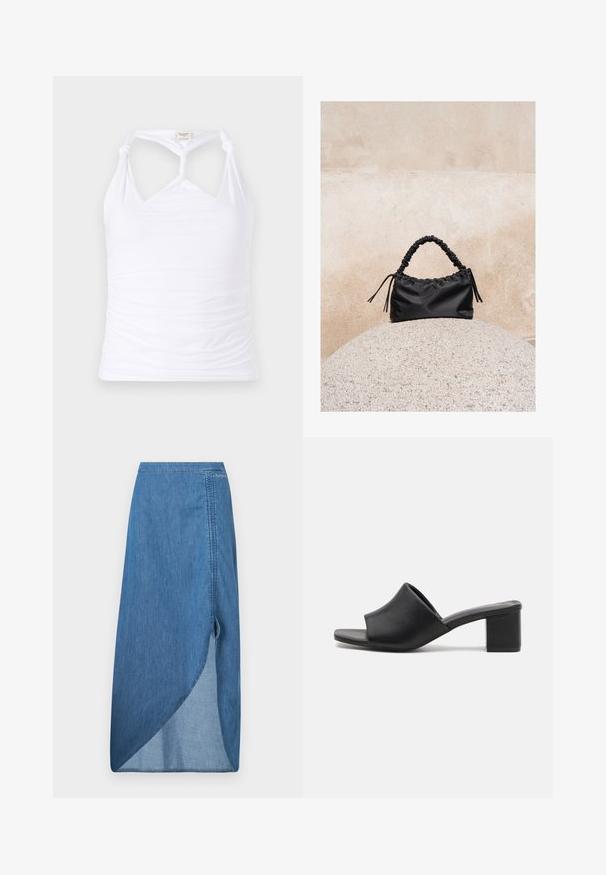 Hvid ærmeløs top med knyttet design ved halsen, som har samlende struktur langs siderne. Fremstillet af strækbart materiale.; Denim nederdel i medium blå, med højt split, asymmetrisk kant og struktureret overflade. Inkluderer stikninger og sideløkker.; Sorte læder mules med blokhæl og åben tå, med en glat overflade og let buet overdelsdesign for komfort og stil.; Sort håndtaske med rynkede detaljer og et samlet håndtag, hvilende på en tekstureret stensfære mod en beige betonvæg.