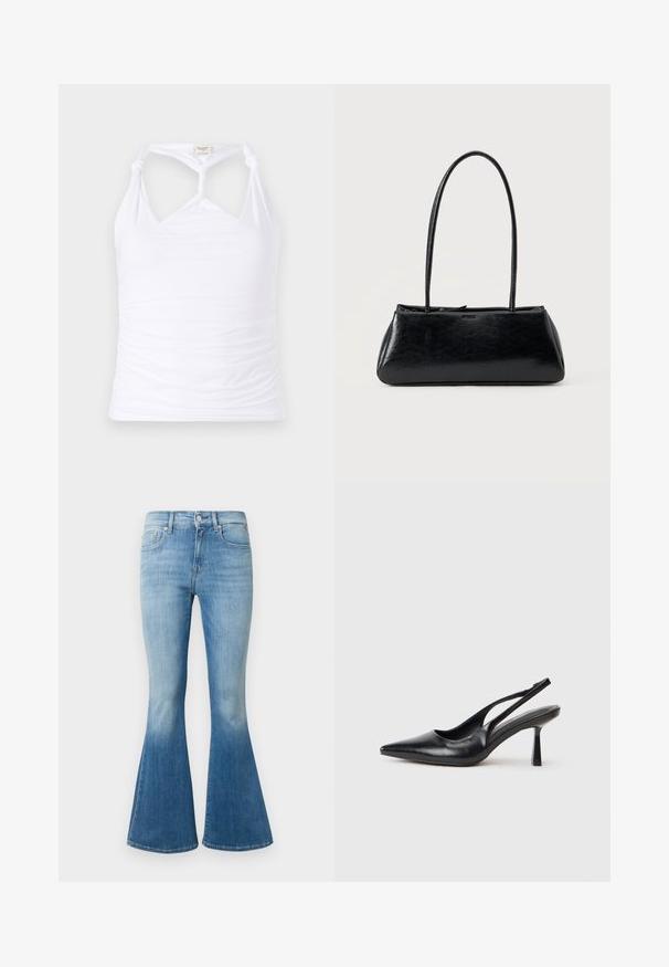Haut sans manches blanc avec un design noué au cou, doté d'une texture froncée sur les côtés. Fabriqué à partir d'un matériau extensible.; Jean flare en denim bleu clair avec taille haute, délavage léger et design classique à cinq poches avec des accents en métal.; Chaussure à talon haut en cuir noir, à bride arrière, avec un bout pointu et un talon fin sur fond blanc.; Sac à épaule rectangulaire noir avec de longues bretelles fines et une texture lisse et brillante sur un fond uni.