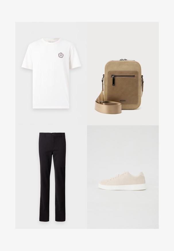 Weißes T-Shirt mit kurzen Ärmeln und Rundhalsausschnitt, mit kleinem kastanienbraunem Wappenlogo auf der linken Brust, das Buchstaben und einen Lorbeerkranz zeigt.; Schwarze Hose aus Baumwollmischgewebe; mit geradem Beinschnitt und einem vorderen Knopfverschluss. Keine sichtbaren Muster oder Verzierungen.; Beige Wildlederschuhe mit weißen Gummisohlen, runder Zehenform und sechs Ösen für die Schnürsenkel. Glatte Textur mit minimalistischem Design.; Kleine beige Umhängetasche mit vorderer Reißverschlusstasche, metallischem ALDO-Logo, verstellbarem breitem Riemen und abgerundeter rechteckiger Form vor weißem Hintergrund.