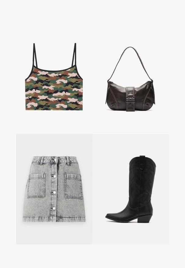 Camo crop top met groene, bruine en roze patronen. Gemaakt van zachte stof met dunne verstelbare bandjes en een zwarte rand.; Lichtgrijze denimrok met een vervaagde textuur, voorzien van een knoopsluiting aan de voorkant, twee grote zijzakken en een rechte snit.; Zwarte leren cowboylaars met spitse neus, lage gestapelde hak en een ingewikkeld geïmbossieerd bladerenpatroon op de schacht. Lus aan de bovenkant voor eenvoudig aantrekken.; Bruine leren schoudertas met een gebogen vorm, voorzien van een opvallende gespdetail, contrasterende stiksels en een enkele schouderband.