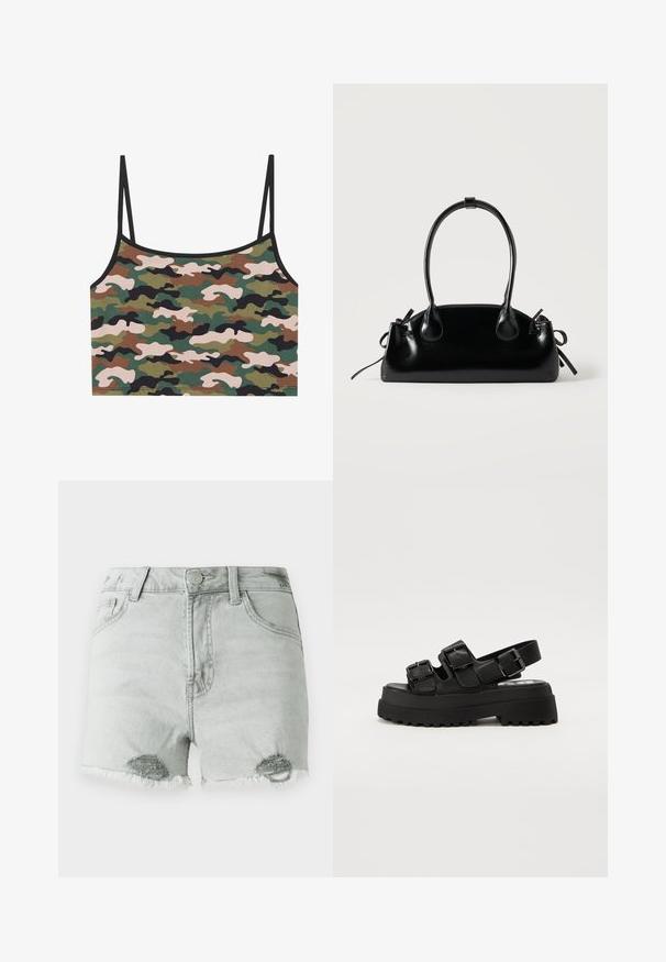 Camouflage crop top med grønne, brune og lyserøde mønstre. Lavet af blødt stof med tynde justerbare stropper og en sort kant.; Lys grå denimshorts med høj talje, slidte detaljer og fransede kanter, samt to frontlommer. Stoffet ser blødt og slidt ud.; Sorte platform sandaler med tre justerbare spænder, en tekstureret sål og en glat overdel. Designet med en solid, chunky silhuet.; Lille sort blank håndtaske med to lange håndtag og snøre-detaljer i siden på en ensfarvet lys baggrund.