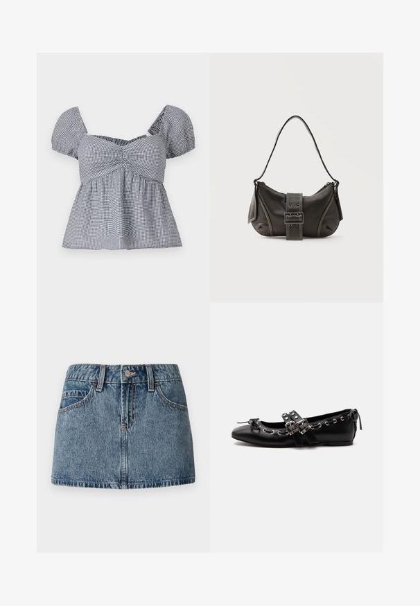 Hollister Co. CROSS BACK - Top - white; Denim mini nederdel i middelblå vask, med en tætsiddende talje, forlommer og subtile syninger. Glat, struktureret stoffinish.; Sort flad balletsko med dobbelt spænde, sølvøjer og en lille sløjfe nær den runde tå på en hvid baggrund.; Sort læder skuldertaske med spænde på remmen, afrundede kanter og kontrasterende hvide syninger på en ensfarvet baggrund.
