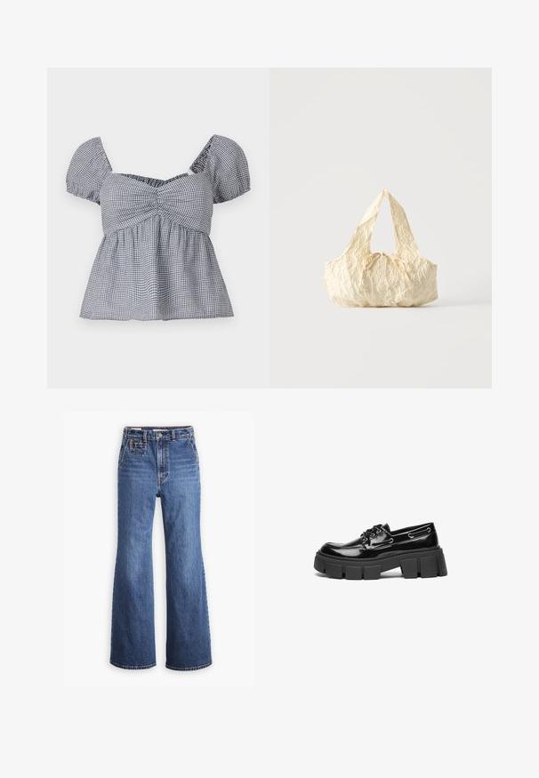 Hollister Co. CROSS BACK - Top - white; Pantalones vaqueros de denim azul de cintura alta con un diseño de pierna ancha, que cuentan con un bolsillo delantero, cierre de botón de bronce y costuras en contraste.; Mocasin de charol negro con una suela de plataforma chunky negra y ojales decorativos. Textura suave con punta redondeada y detalle de cordones.; Bolso de tela texturizada color crema con asas superiores y un pequeño detalle de lazo atado en el centro del frente.