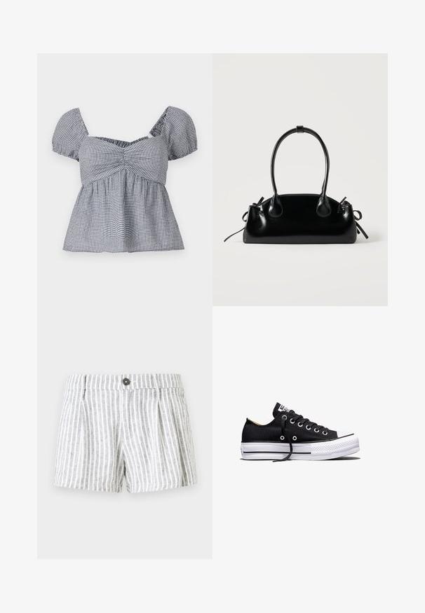 Hollister Co. CROSS BACK - Top - white; Pantalones cortos a rayas en gris claro y blanco, con cierre de botón, pliegues en la parte frontal y una tela suave y texturizada.; Zapatilla deportiva negra de lona de corte bajo con suela plataforma de goma blanca, cordones negros y ojales de metal sobre fondo blanco.; Pequeño bolso negro brillante con dos asas largas y detalles de cordón lateral sobre un fondo claro liso.