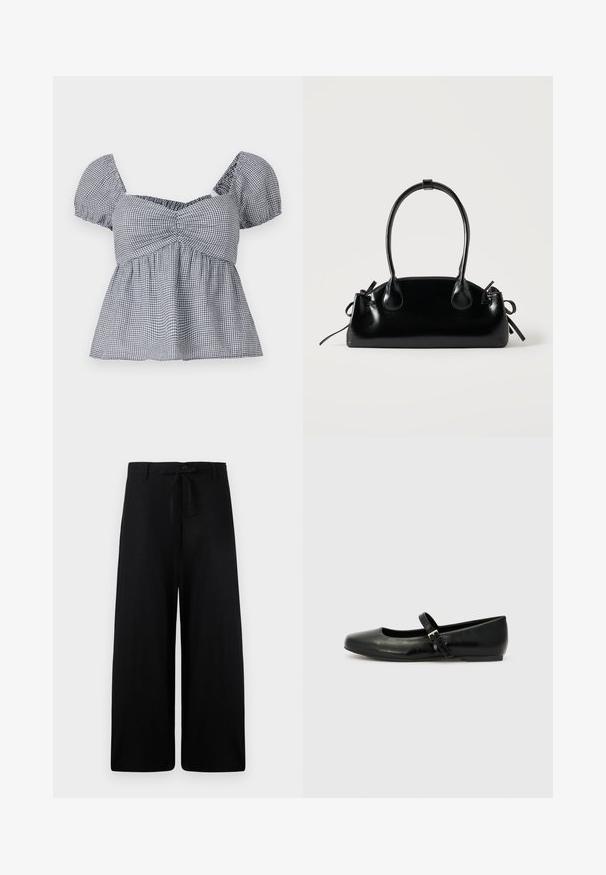 Hollister Co. CROSS BACK - Top - white; Weite schwarze Leinenhosen mit einem elastischen Taillenbund und Knopfverschluss. Merkmale eine glatte Textur und eine fließende Silhouette.; Schwarze Leder-Ballerinas mit einer runden Spitze, einer flachen Sohle und einem dünnen, verstellbaren Riemen über dem Spann mit einer Metallschnalle.; Kleine schwarze glänzende Handtasche mit zwei langen Griffen und seitlichen Kordelzug-Details vor einfachem hellem Hintergrund.