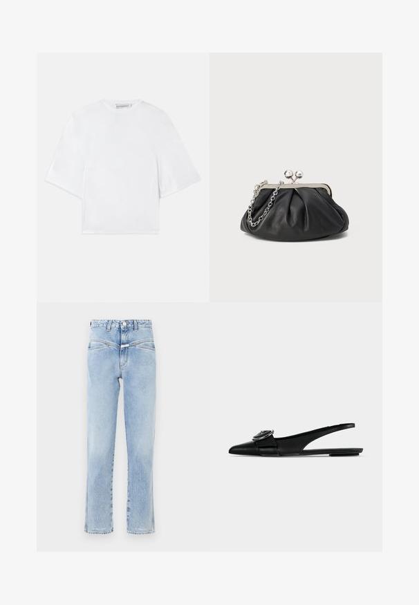 Chemise blanche à manches courtes avec coupe ample, manches larges et décolleté rond, étiquetée Viktor&Rolf à l'intérieur du col.; Jean en denim bleu clair avec taille haute et coupe droite. Présente un léger délavage, un design standard à cinq poches, et une fermeture à bouton en métal.; Ballerine slingback en cuir noir à bout pointu, avec une large bride et une boucle métallique ronde sur le dessus.; Porte-monnaie en cuir noir avec texture froncée, cadre en métal argenté, fermeture à verrouillage kiss-lock et bandoulière en chaîne. Surface lisse et douce.