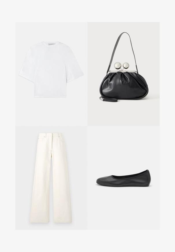 Chemise blanche à manches courtes avec coupe ample, manches larges et décolleté rond, étiquetée Viktor&Rolf à l'intérieur du col.; Pantalons larges de couleur crème en denim avec des coutures visibles et des poches. Le design présente une taille haute et une coupe droite.; Ballerines en cuir noir avec un bout rond, texture lisse, détails de couture minimalistes et design de semelle flexible.; Sac à main en cuir noir avec un design plissé, une sangle unique, un cadre métallique argenté et deux grandes fermoirs ronds en argent.