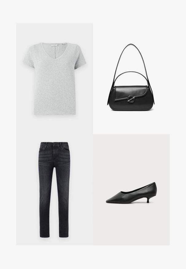 Graues Kurzarm-T-Shirt aus weichem Stoff mit V-Ausschnitt und lockerer Passform. Verfügt über eine subtile Textur und ein einfaches Design.; Schwarze Jeans aus Denim mit geradem Schnitt. Sie verfügen über fünf Taschen, einen Knopfverschluss und Gürtelschlaufen. Der Stoff hat eine glatte Textur und einen leichten Stretch.; Schwarzer Leder-Damenschuh mit niedrigem Absatz, spitzer Schuhspitze und kleinem Kittenabsatz auf schlichtem hellem Hintergrund.; Schwarze Lederschultertasche mit einer geschwungenen Klappe, die durch einen runden Metallverschluss gesichert ist, und einem schlanken, verstellbaren Riemen.