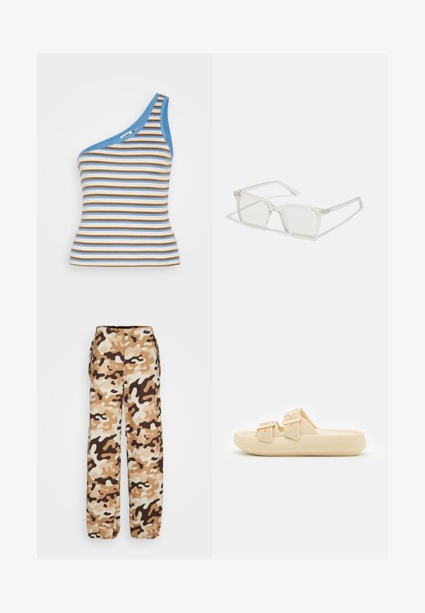 Cotton On JAMIE ONE SHOULDER CAMI - Top - josie light lime corn flower blue; Envii PANTS - Bukser - desert; Beige slip-on sandal med tekstureret overdel, justerbare spænder og en tyk, polstret sål. Letvægtsdesign velegnet til afslappet brug.; Klare plastiske briller med firkantet ramme og gennemsigtige linser, der har guld accenter på tempelstængerne for ekstra detaljer.