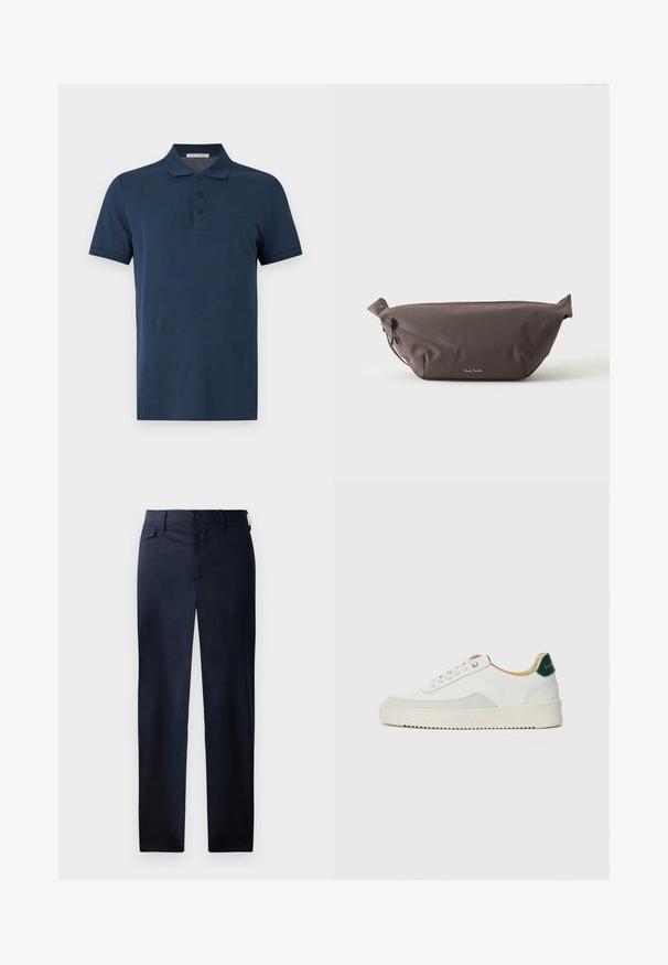 Polo bleu marine à manches courtes avec trois boutons et un col, présenté sur un fond uni gris clair.; Pantalons droits bleu marine en tissu lisse. Équipés d'une braguette zippée, d'une fermeture à bouton et d'une poche latérale discrète. Aucun motif visible.; Baskets blanches avec des accents en daim, bout arrondi, lacets plats et semelle en caoutchouc crème. Présente une marque verte sur le talon.; Sac banane en tissu marron foncé avec poche zippée en diagonale et petit logo blanc sur le devant, sur un fond clair uni.