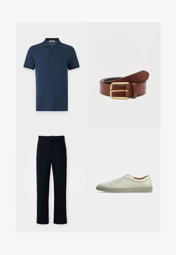 Marineblå kortærmet poloshirt med tre knapper og krave, vist på en ensfarvet lysegrå baggrund.; Mørkeblå bukser lavet af bomuld, med en lige ben-design, en frontknaplukning og en klassisk talje med bæltestropper.; Hvid lavtop lædersneaker med beige sål, sidelacing og minimale syningsdetaljer, vist på en ensartet lys grå baggrund.; Brunt læderbælte med gylden rektangulær spænde, rullet sammen på en ensfarvet hvid baggrund.