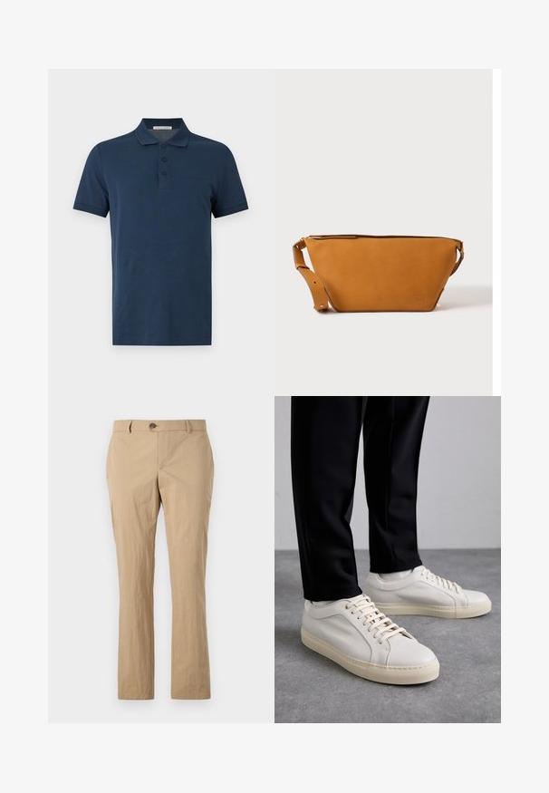 Marineblaues kurzärmeliges Polohemd mit drei Knöpfen und einem Kragen, dargestellt auf einem einfarbigen hellgrauen Hintergrund.; Beige Baumwollhosen mit geradem Bein, ausgestattet mit einem Knopfverschluss, Gürtelschlaufen und einer glatten Textur. Keine sichtbaren Muster.; Helle beigefarbene Leder-Sneaker mit flachen Schnürsenkeln, einer strukturierten Oberfläche und einer kontrastierenden, cremefarbenen Gummisohle, kombiniert mit schwarzen eng geschnittenen Hosen.; Hellbraune Leder-Umhängetasche mit verstellbarem Schulterriemen und Reißverschluss, vor einem schlichten hellen Hintergrund gezeigt.