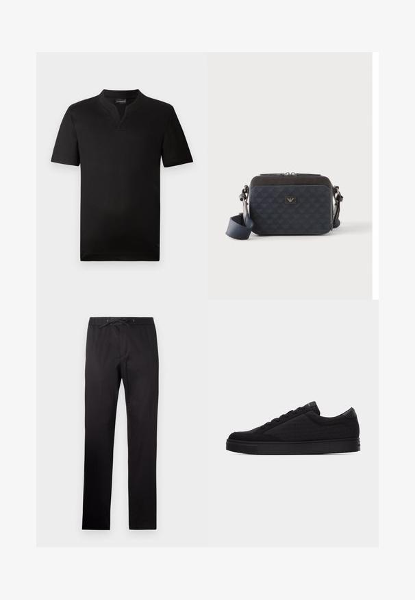 Sort kortærmet t-shirt lavet af glat stof med v-hals og lige kant. Ingen synlige mønstre eller accenter.; Sorte bukser med elastisk talje og snor. Har en glat tekstur og lige ben-design. Minimalistisk stil uden mønstre.; Sort sneaker med lavt snit med tonalt logomønster, snørelukning og flad sål mod en ensfarvet lys baggrund.; Rektangulær mørkeblå crossbody-taske med justerbar rem, lynlåslukning og diskret logomønster på frontpanelet.