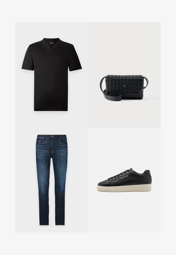 Schwarzes Kurzarm-T-Shirt aus glattem Stoff mit einem V-Ausschnitt und geradem Saum. Keine sichtbaren Muster oder Akzente.; Dunkelblaue Jeans aus Denim mit geradem Schnitt, fünf Taschen, orangefarbigen Nähten und einer glatten Textur.; Schwarze Leder-Sneaker mit glatter Oberfläche, kontrastierender cremefarbener Sohle, abgerundeter Spitze, goldfarbenem Logo an der Seite und sechs Ösen für die Schnürsenkel.; Schwarze, strukturierte Umhängetasche mit Klappverschluss und kleinem Metalllogo auf der Vorderseite, vor einem schlichten Hintergrund präsentiert.